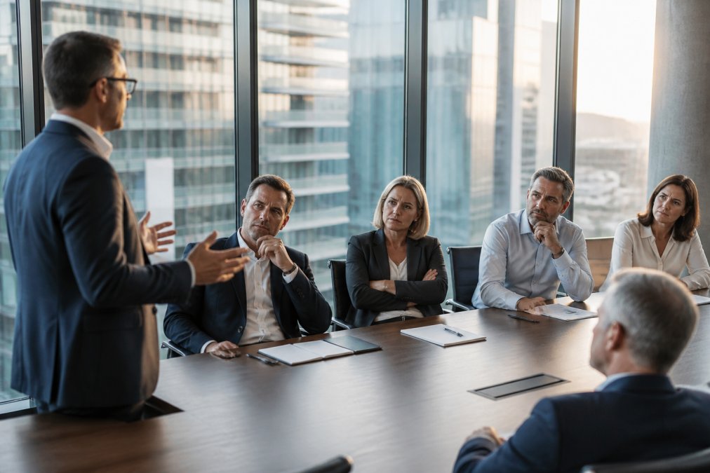 A transformation lead presenting a roadmap on a large screen to a group of sceptical stakeholders in a modern meeting room, late afternoon light through floor-to-ceiling windows