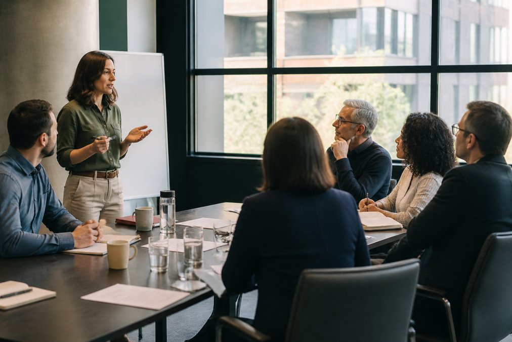 A Scrum Master presenting a metrics dashboard on a large screen to a group of stakeholders in a modern meeting room, charts visible on the display, natural window lighting