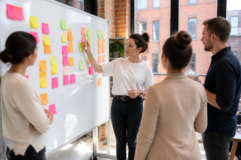 A Scrum Master leading a sprint retrospective with a small team in a modern UK office, colourful sticky notes spread across a whiteboard, natural daylight from large windows