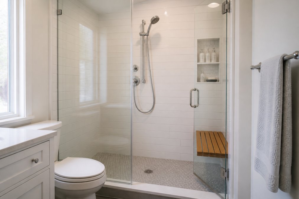 A renovated walk-in shower with a built-in teak bench, handheld showerhead mounted on a chrome slide bar, non-slip textured tile floor, and a frameless glass panel door in a bright, well-lit white bathroom