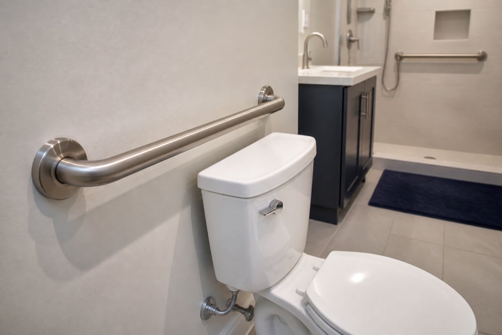 Close-up of a brushed stainless steel grab bar installed horizontally beside a white toilet in a clean, modern accessible bathroom, with lever-style faucet handles and a non-slip mat visible in the background
