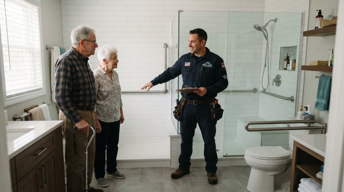 A professional contractor in a work shirt consulting with a senior couple inside a bright, recently remodeled bathroom featuring a walk-in shower and grab bars