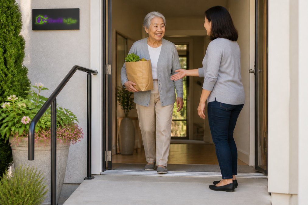An older adult confidently entering a home through a smooth, level entryway with no visible steps, bright natural sunlight streaming through the open door, a welcoming entrance with handrails visible on one side
