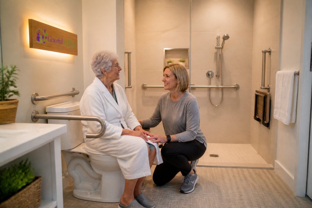 A bright, accessible bathroom featuring stainless steel grab bars mounted beside the toilet and inside the shower area, non-slip flooring with subtle texture, a curbless shower with a handheld sprayer mounted at waist height, and warm lighting that illuminates all corners of the space