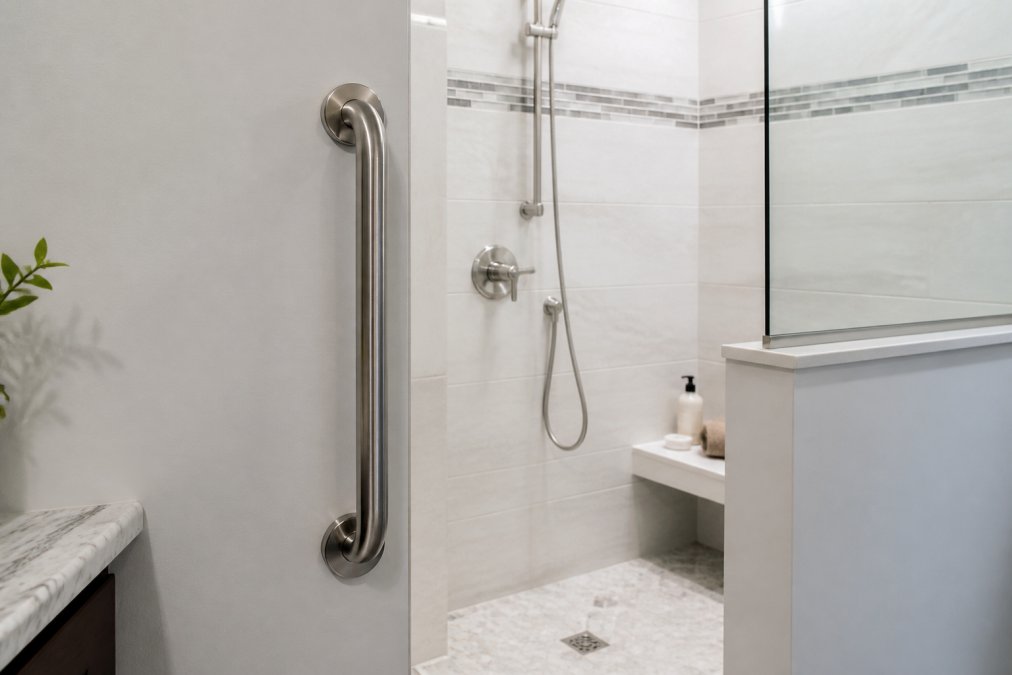 Close-up of a stainless steel grab bar professionally installed beside a walk-in shower in a clean, modern bathroom with non-slip tile flooring and bright, even overhead lighting