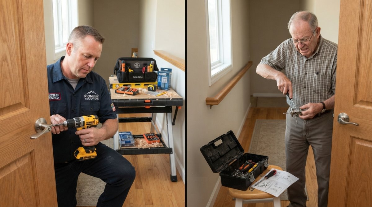 A skilled contractor in work attire installing a lever-style door handle on an interior door, with tools and hardware visible on a nearby workbench in a well-lit home hallway