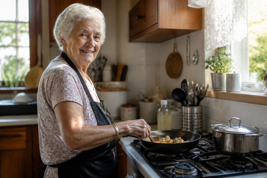An older adult smiling while preparing a meal in their own kitchen, confidently cooking at the stove with natural sunlight streaming through the window