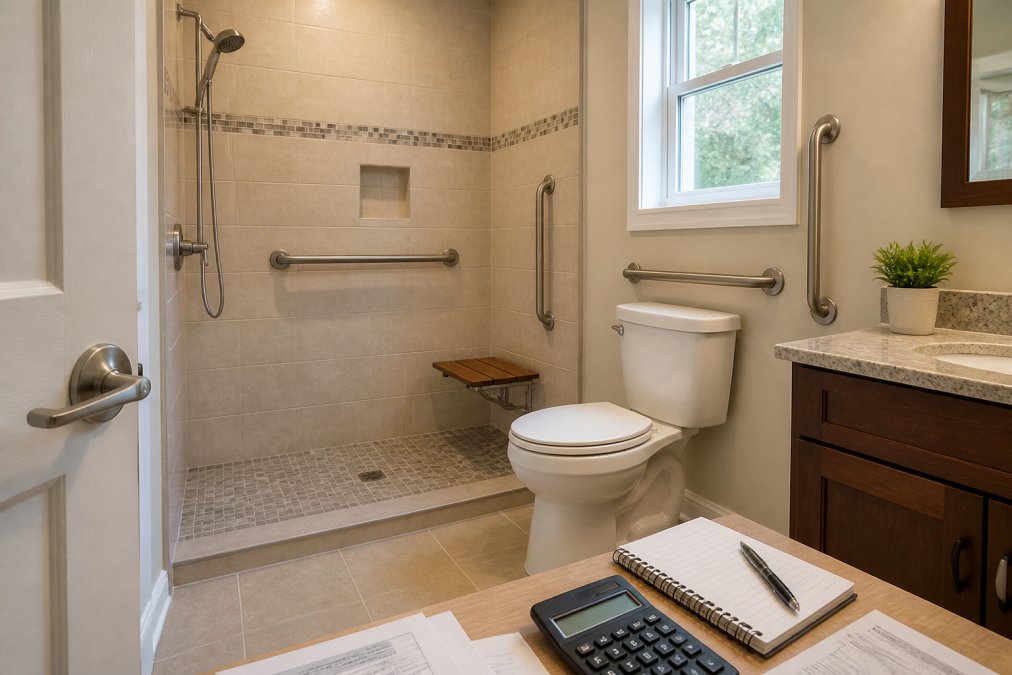 A remodeled bathroom with a curbless walk-in shower, grab bars mounted on tile walls, a comfort-height toilet, and a lever-style door handle, photographed in warm natural light in a New Jersey home