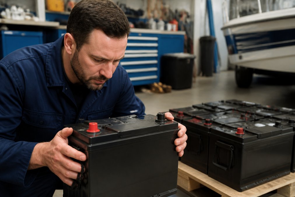 Marine mechanic inspecting the terminals of an AGM marine battery in a workshop with a pallet of units behind him