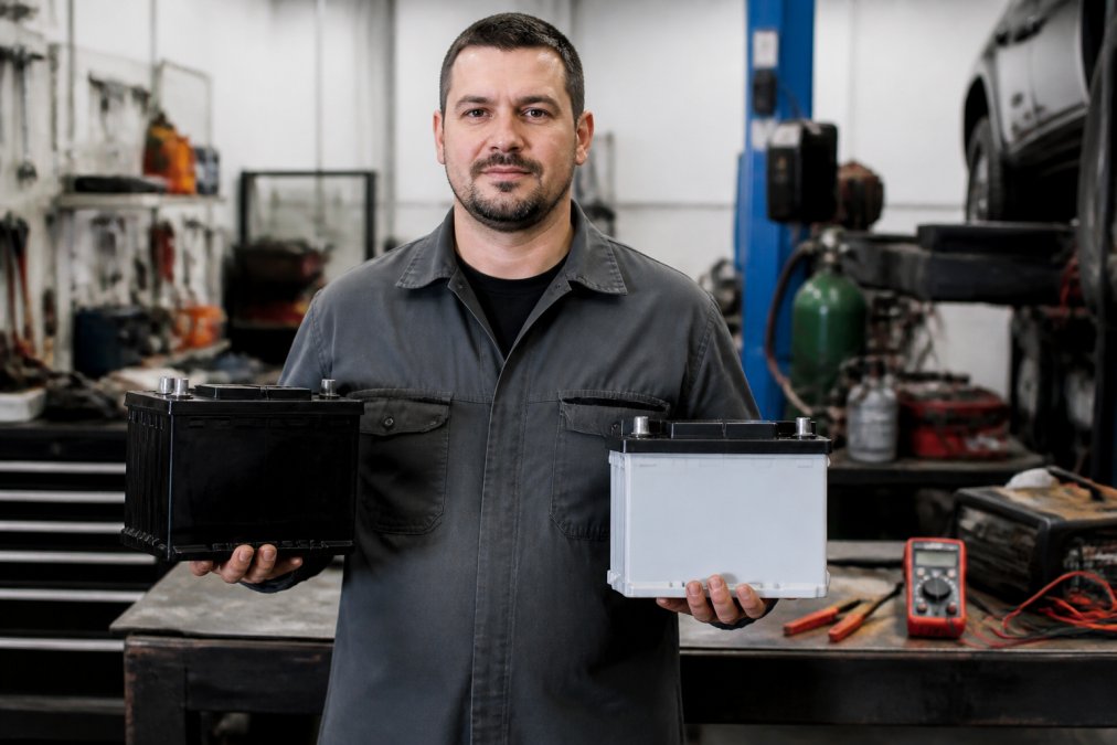 A mechanic in a workshop holding an AGM battery in one hand and a gel battery in the other, with a multimeter and charger cables visible on the workbench behind him