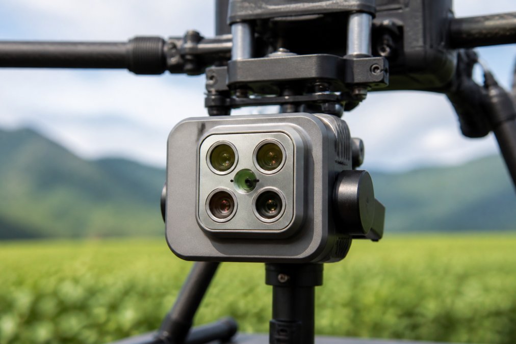 Close-up of a multispectral drone sensor mounted on an aircraft frame, showing multiple camera lenses arranged in a compact housing with visible sensor optics and mounting bracket in daylight