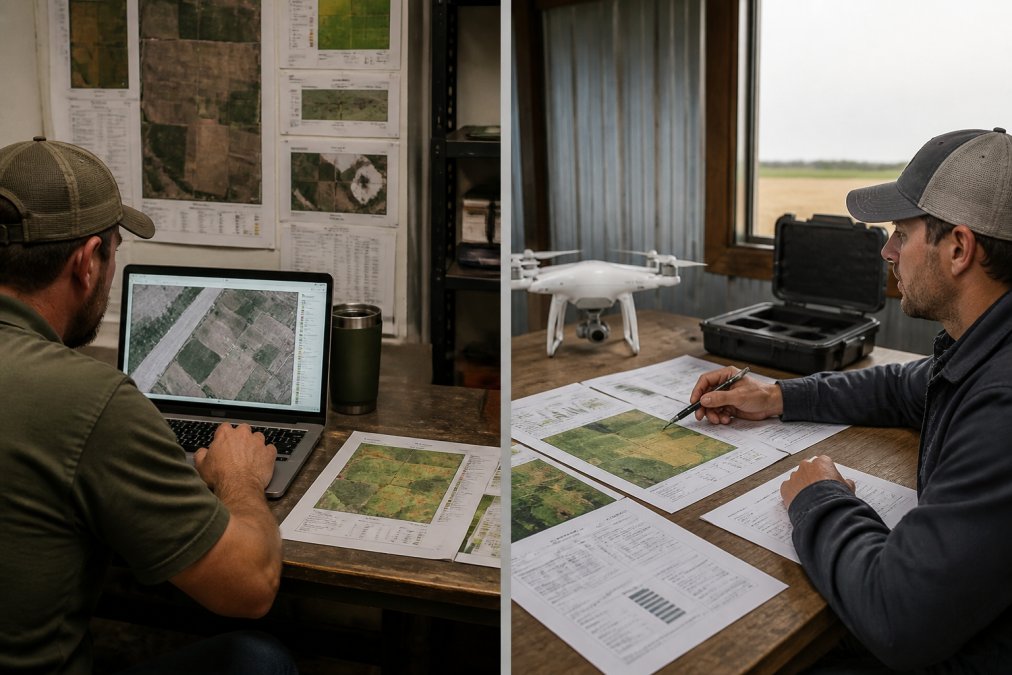 Farmer reviewing orthomosaic imagery and multispectral crop health data on laptop in farm office with printed field maps and variable rate application prescriptions visible on desk