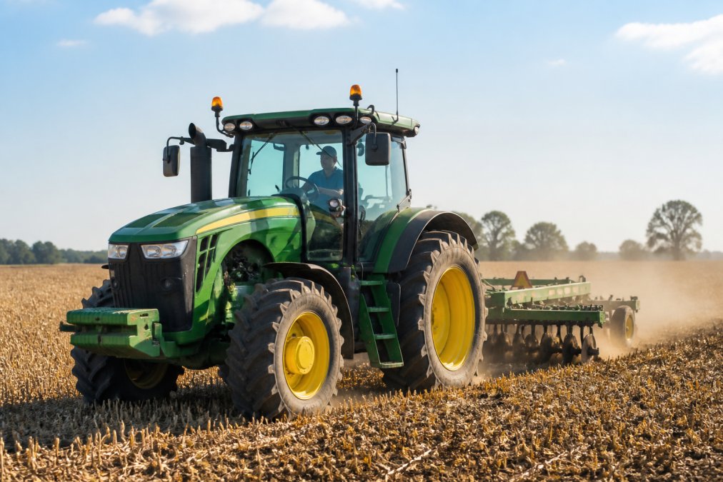 Infographic illustrating agricultural equipment finance options for a farmer operating a tractor during harvest.