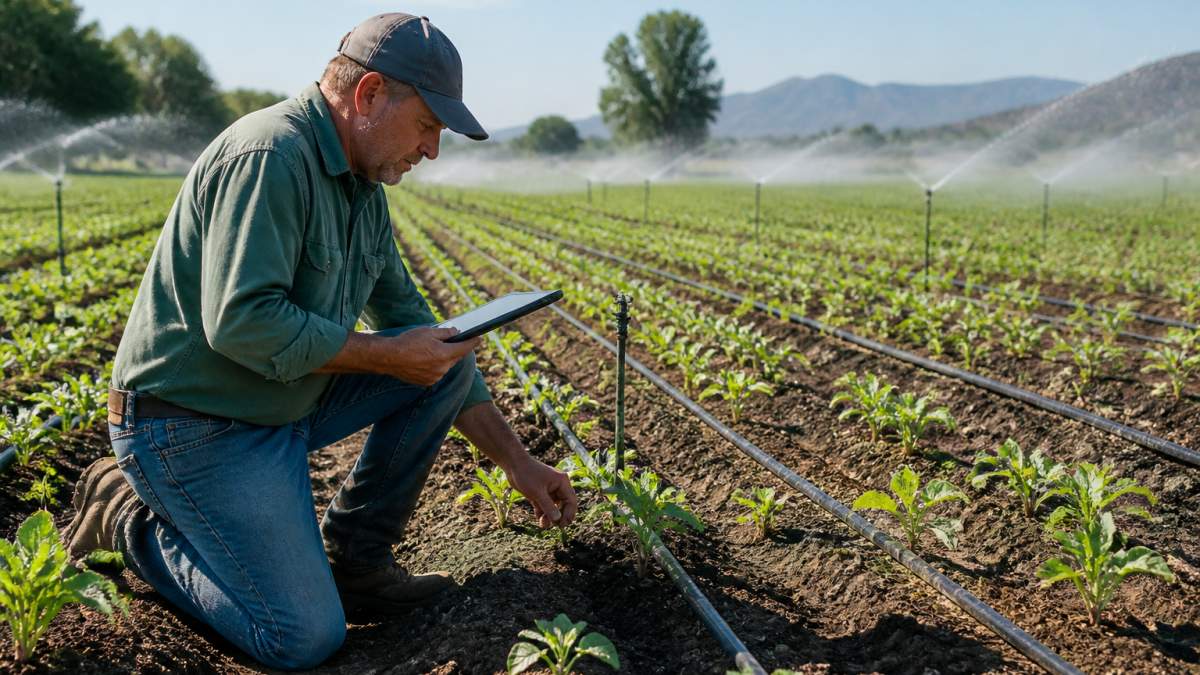 Farmer standing in an irrigated field with visible drip lines and sprinklers, reviewing design plans on a tablet while checking soil and crop conditions