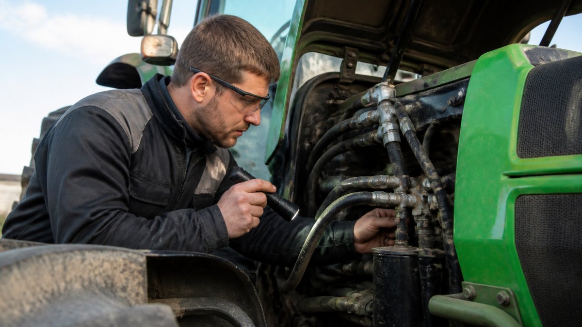 Engineer inspecting agricultural machinery parts in a tractor engine compartment using a torch