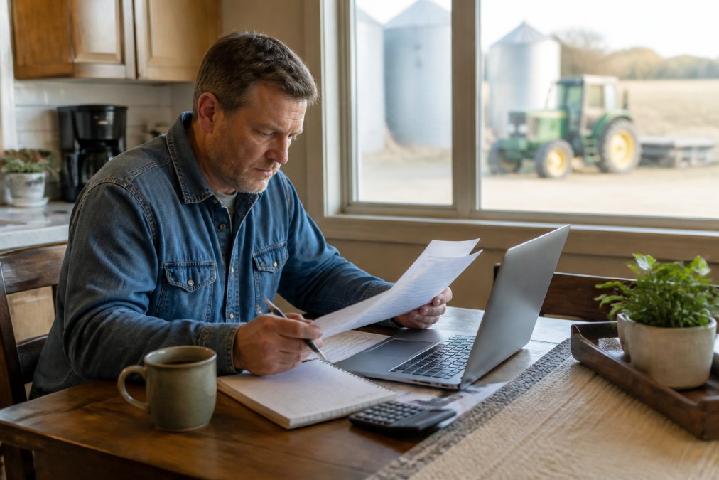 A farmer in a denim jacket reviewing financial documents at a kitchen table with a laptop showing a loan comparison spreadsheet, morning light through a window