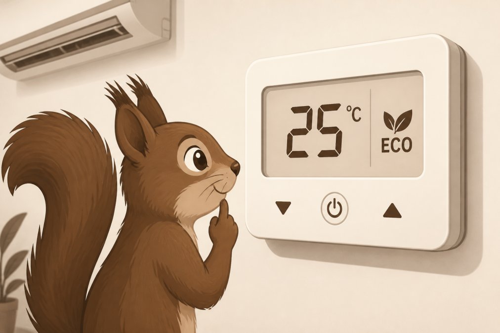 Una ardilla curiosa observando un termostato digital de pared, con la pantalla mostrando 25°C y el icono de modo Eco activado