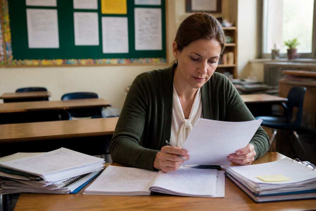 Teacher reviewing student work on laptop with rubric notes visible on desk, classroom setting with academic integrity guidelines on bulletin board in background
