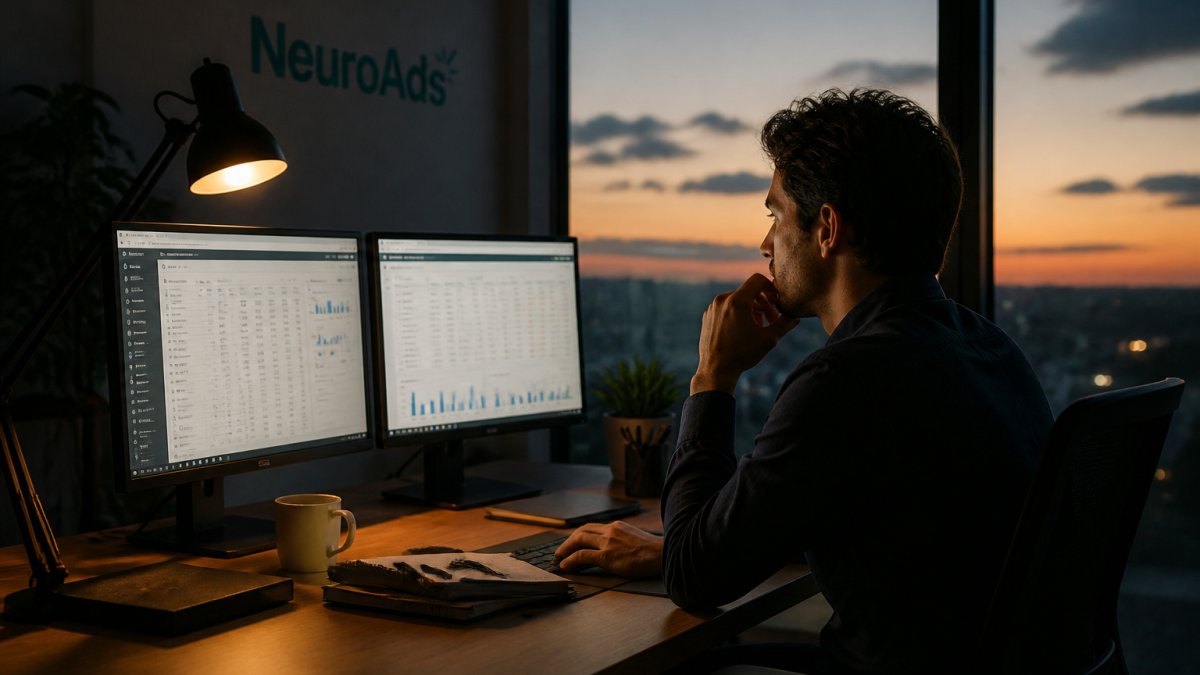 Media manager reviewing campaign performance on dual monitors for AI advertising in a dim office at night