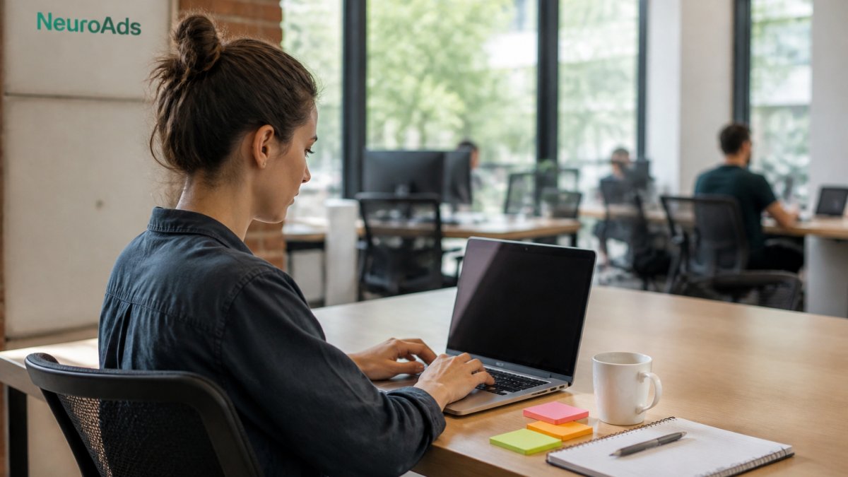 Paid media manager analyzing data on an AI advertising platform in a modern office