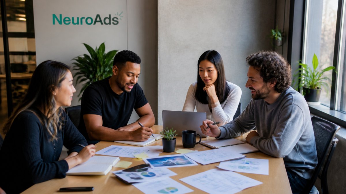Marketing team analyzing campaign performance dashboards on multiple screens in a modern office environment, with data visualizations and real-time metrics visible