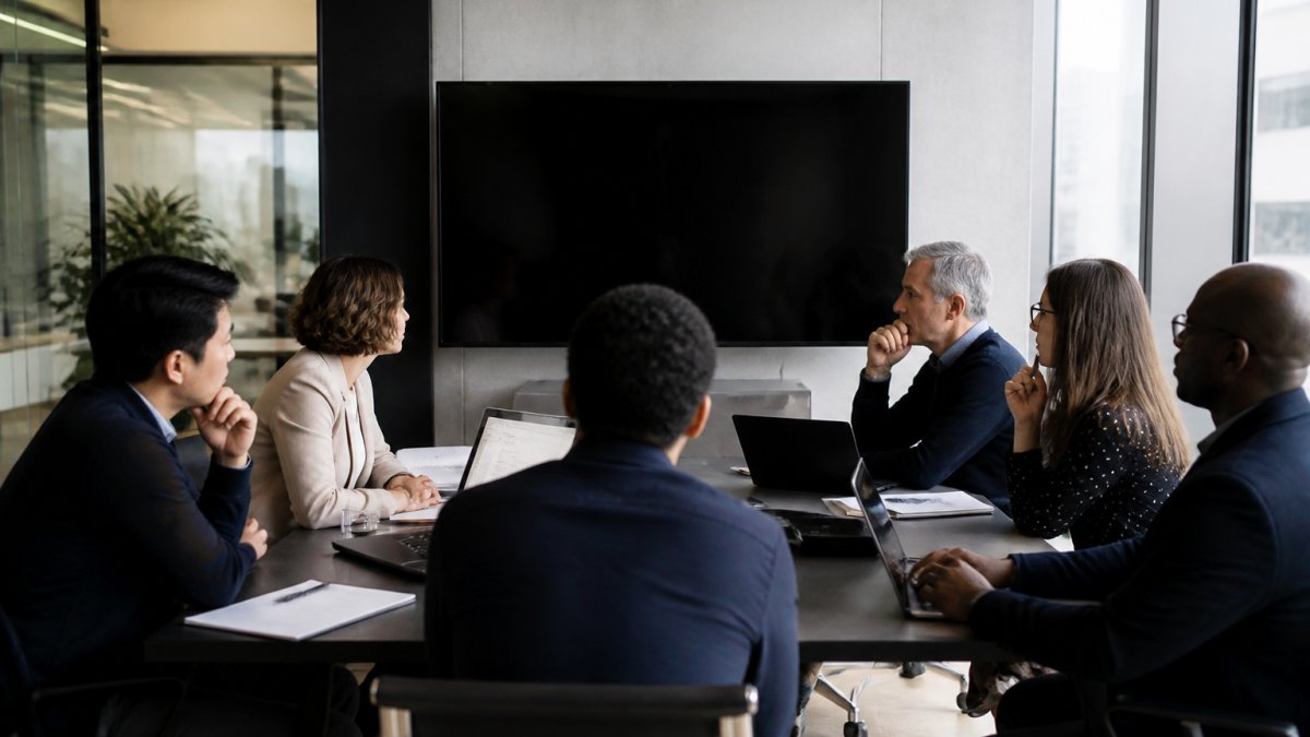 Cross-functional team of engineers, security architects, and business stakeholders gathered around a conference table reviewing agent requirements and deployment workflows on a large monitor in a modern office