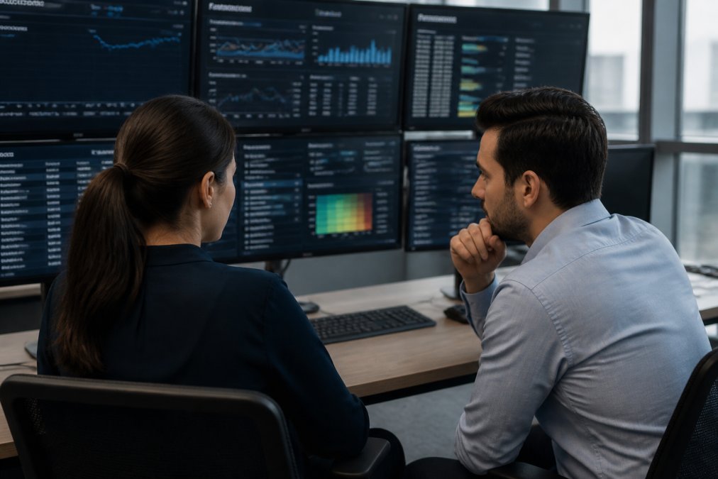 Security architect and operations engineer reviewing real-time agent monitoring dashboards on multiple screens in a control room environment, with real-time cost data and token usage metrics displayed, natural office lighting
