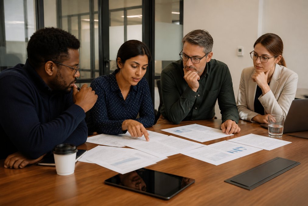 Security team collaborating at a conference table with laptops and governance documentation, reviewing compliance policies in a corporate office setting