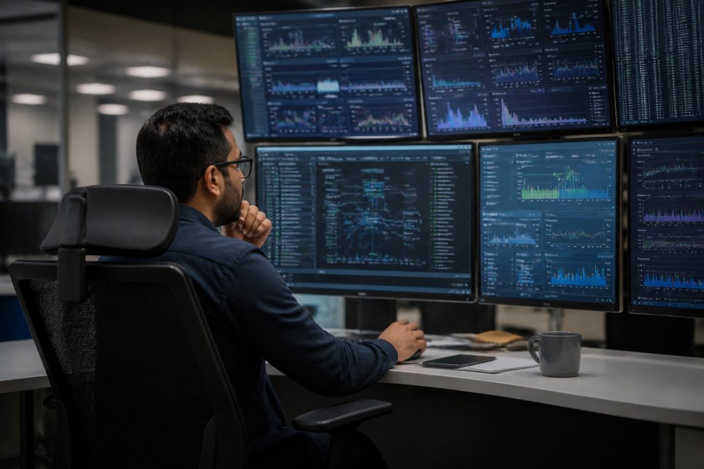 Software engineer monitoring real-time dashboards displaying agent execution traces, metrics, and telemetry data across multiple screens in a modern control room environment with blue and green data visualizations