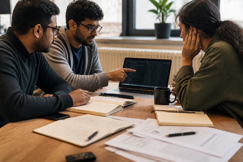 Team of AI engineers collaborating at a desk, reviewing agent execution logs and debugging output on a laptop screen, with notebooks and technical documentation spread across the workspace