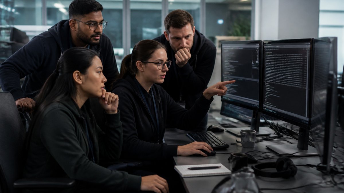 Security team members gathered around multiple monitors displaying logs, metrics, and alerts in a modern SOC environment, analyzing incident data with focused concentration