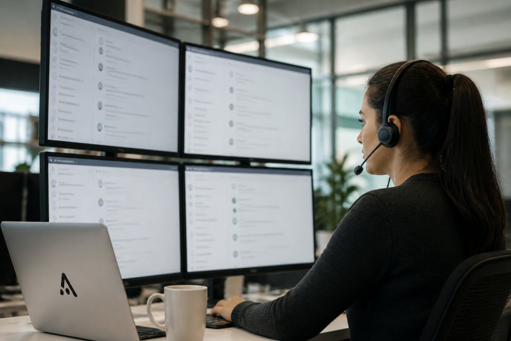 Customer service representative monitoring multiple conversations on screen in a modern office, with focus on the digital interface showing real-time customer interactions