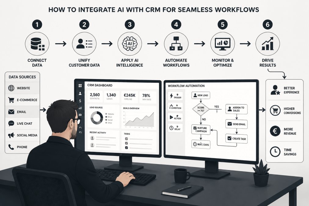 IT professional or operations manager at a desk reviewing system integration on dual monitors, showing CRM dashboard and workflow automation interface