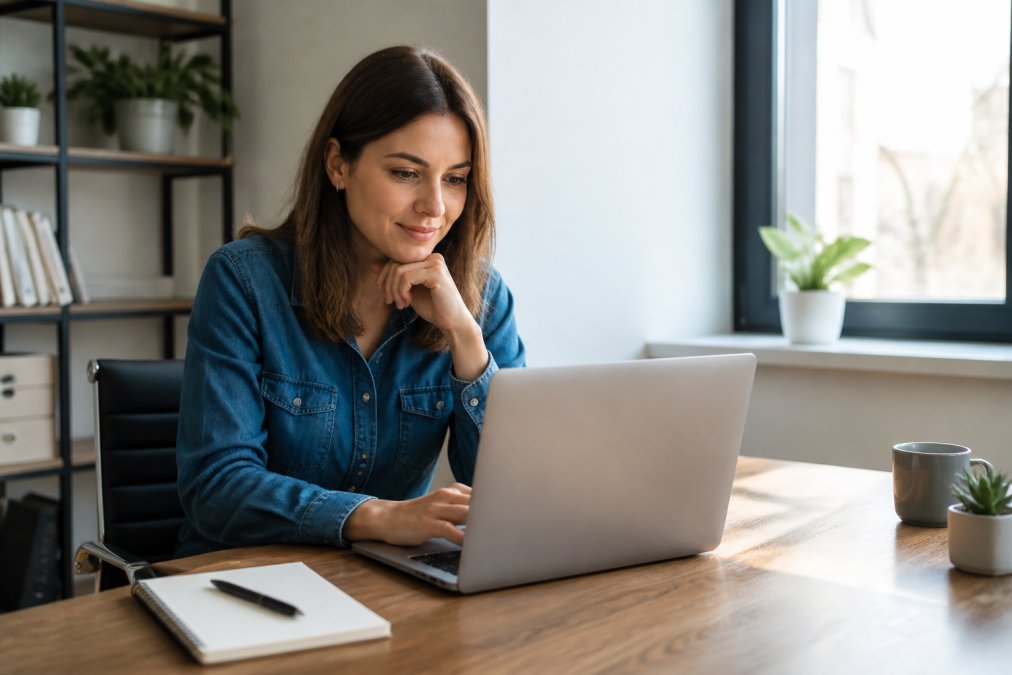 Small business owner or marketing manager sitting at desk reviewing CRM data on laptop with confident expression, modern office with natural light streaming through windows