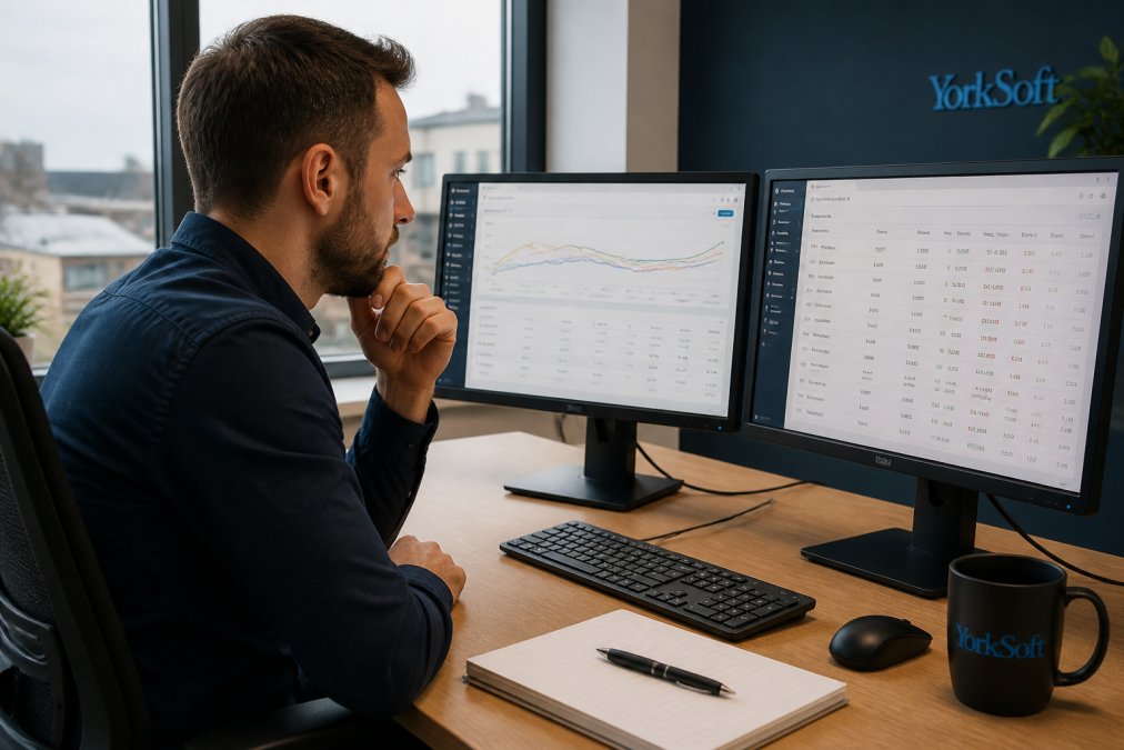 A marketing manager at a desk in a bright UK office, two monitors showing search ranking dashboards and competitor comparison tables, notebook and coffee beside the keyboard, focused expression