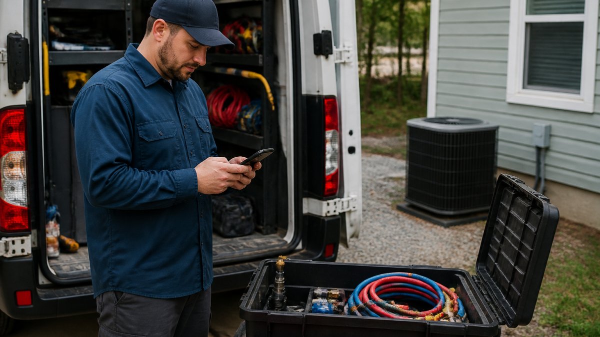 Contractor at job site reviewing business information on smartphone, with tools and equipment visible in background, natural daylight