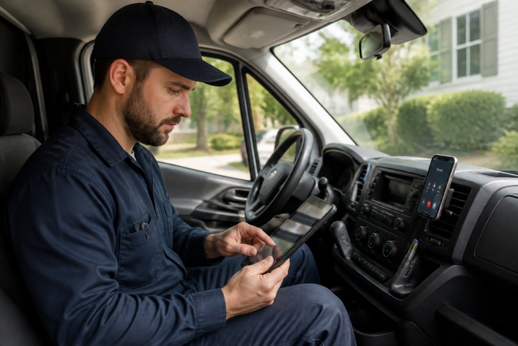 An HVAC technician in uniform checking a tablet inside a service van, with a phone mounted on the dashboard showing an active call screen