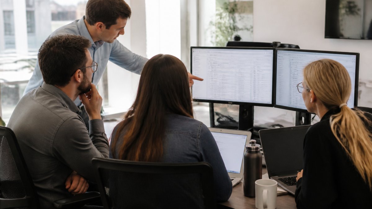 Engineering team gathered around a desk reviewing deployment dashboards and AI-generated project summaries on multiple monitors in a modern tech office with natural lighting