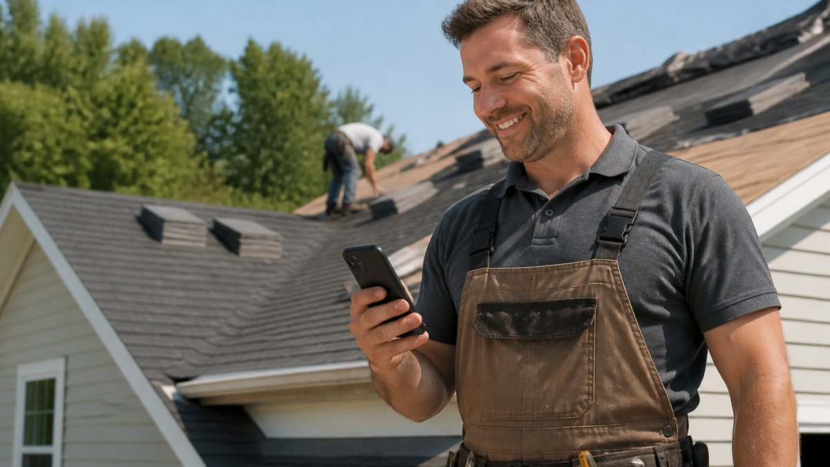 Contractor in work uniform standing on residential roofing job site, smiling while holding smartphone showing new booking notification, bright daylight, professional appearance