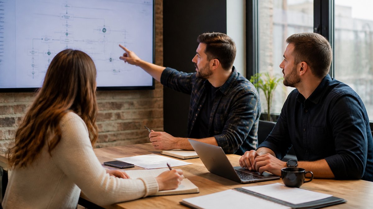 Professional team reviewing workflow automation diagrams on large monitor in modern office, with team members pointing and discussing implementation strategy