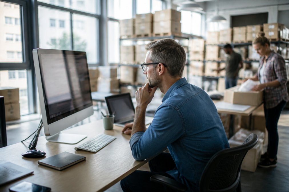 Ecommerce business owner reviewing customer service metrics on a desktop monitor in a modern office, with order fulfillment operations visible in the background, natural daylight streaming through windows