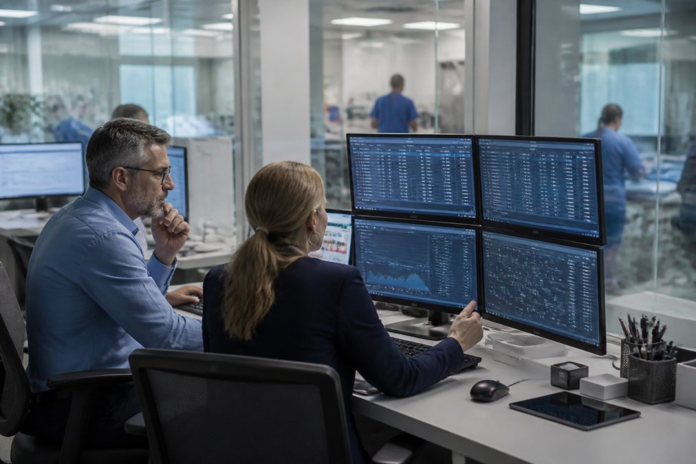 A CISO and IT director reviewing security dashboards on multiple monitors in a modern hospital network operations center, with medical staff visible through glass walls in the background