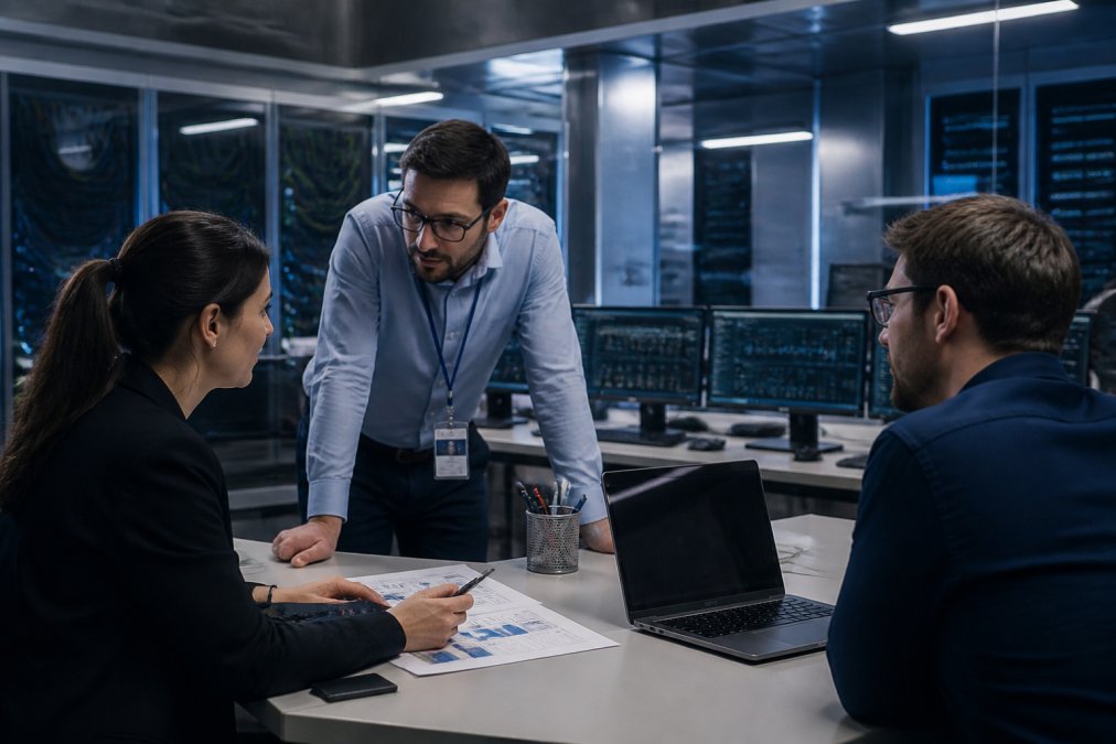 IT team members collaborating at workstations displaying system architecture diagrams, infrastructure schematics, and modernization planning documents on multiple large monitors in a professional data center control room with blue accent lighting