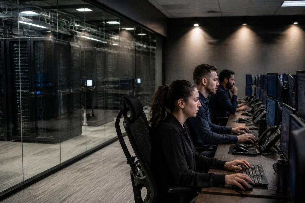 Security operations center with multiple professionals monitoring real-time system performance metrics, alert dashboards, and infrastructure health indicators on large display screens in a darkened control room with glowing monitors and professional lighting