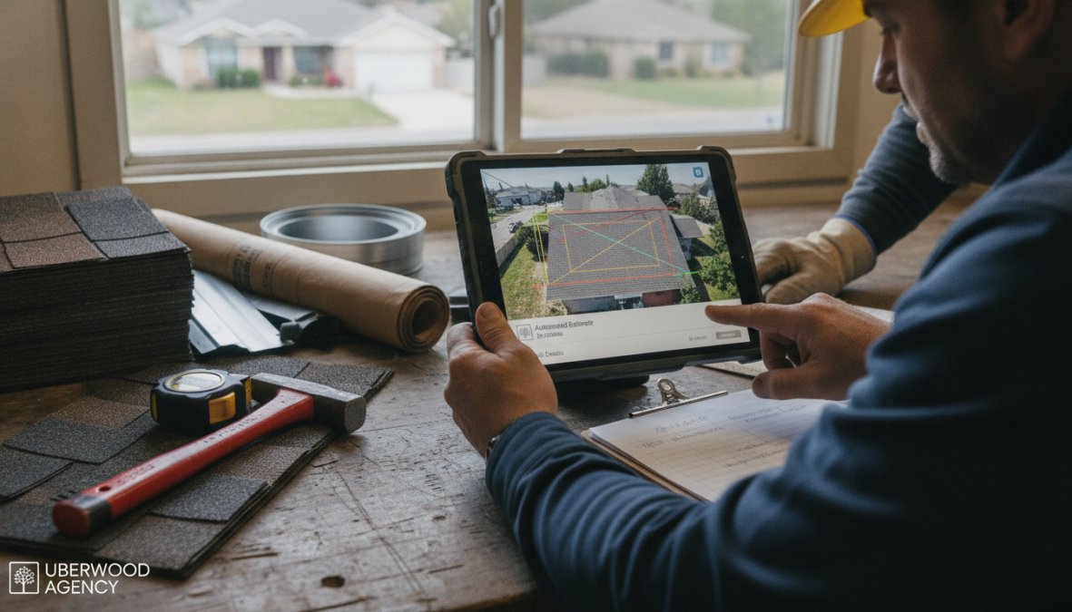 Roofing crew in the field using a tablet to review automated estimates and job details with aerial roof imagery displayed on screen, natural daylight