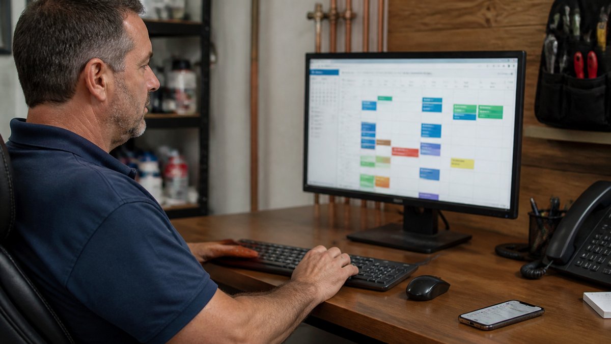 Professional plumbing business owner at desk reviewing scheduling software on computer monitor with smartphone nearby showing appointment notifications