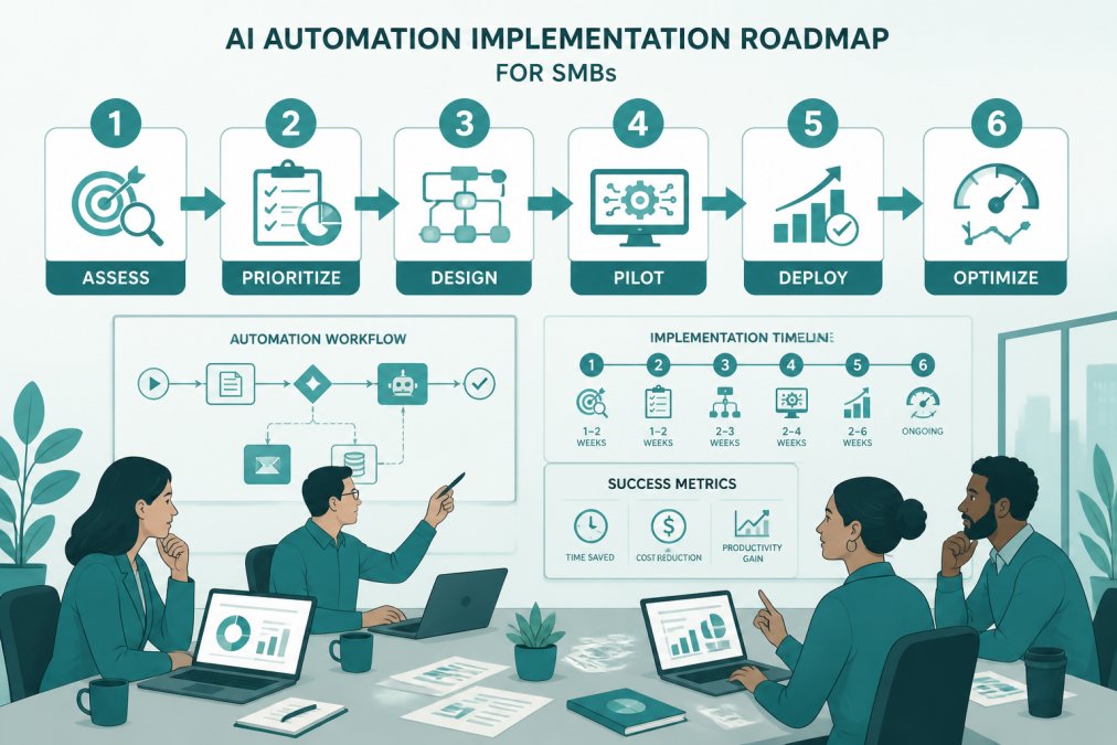 AI Automation in Business: A Practical Guide for 2026 1 Professional team in conference room collaborating on AI automation strategy with laptops and whiteboards showing workflow diagrams and implementation timelines