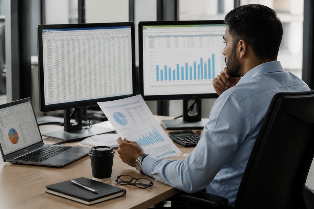 Financial analyst reviewing ROI metrics and cost breakdowns on multiple monitors in a corporate office, with spreadsheets and charts visible on screens