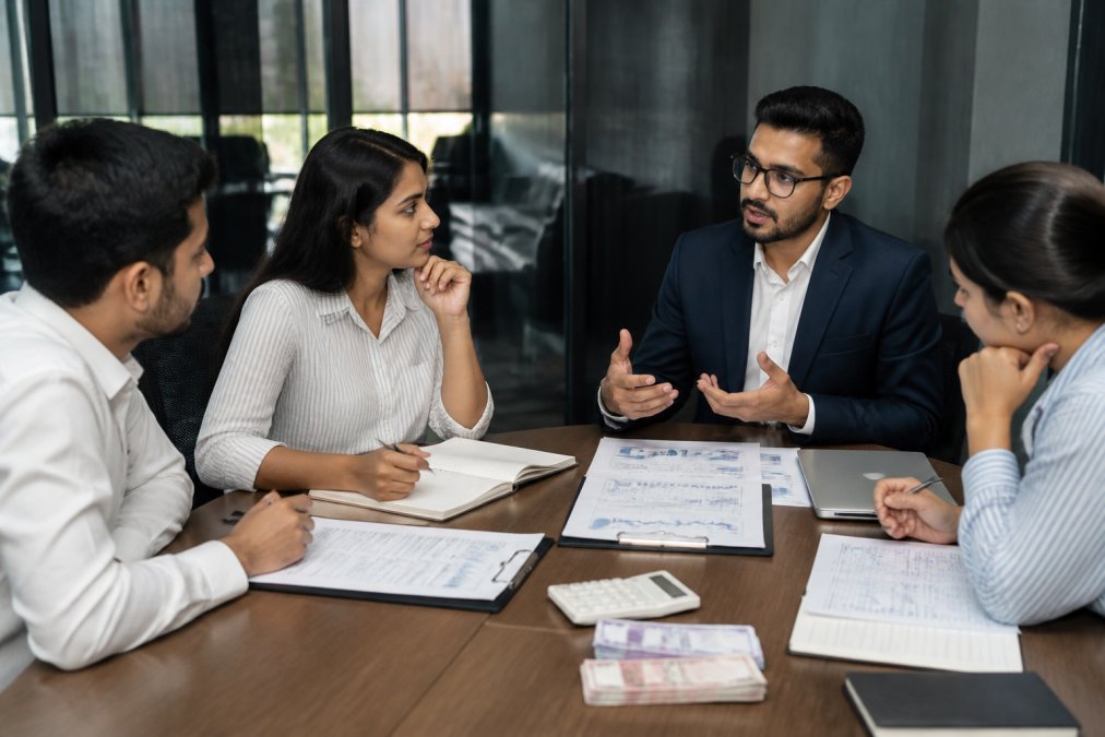 Enterprise IT team in a meeting room discussing implementation strategy and infrastructure requirements, with deployment diagrams and cost projections displayed on a large screen