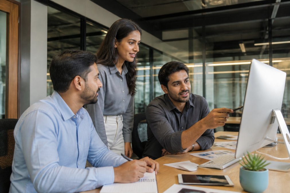 Professional team reviewing performance metrics on desktop monitor in modern office, with charts and analytics visible on screen